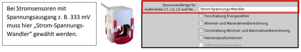 Abbildung: Durch Auswahl der Rogowskispule als Stromwandlertyp wird der interne Integrator aktiviert